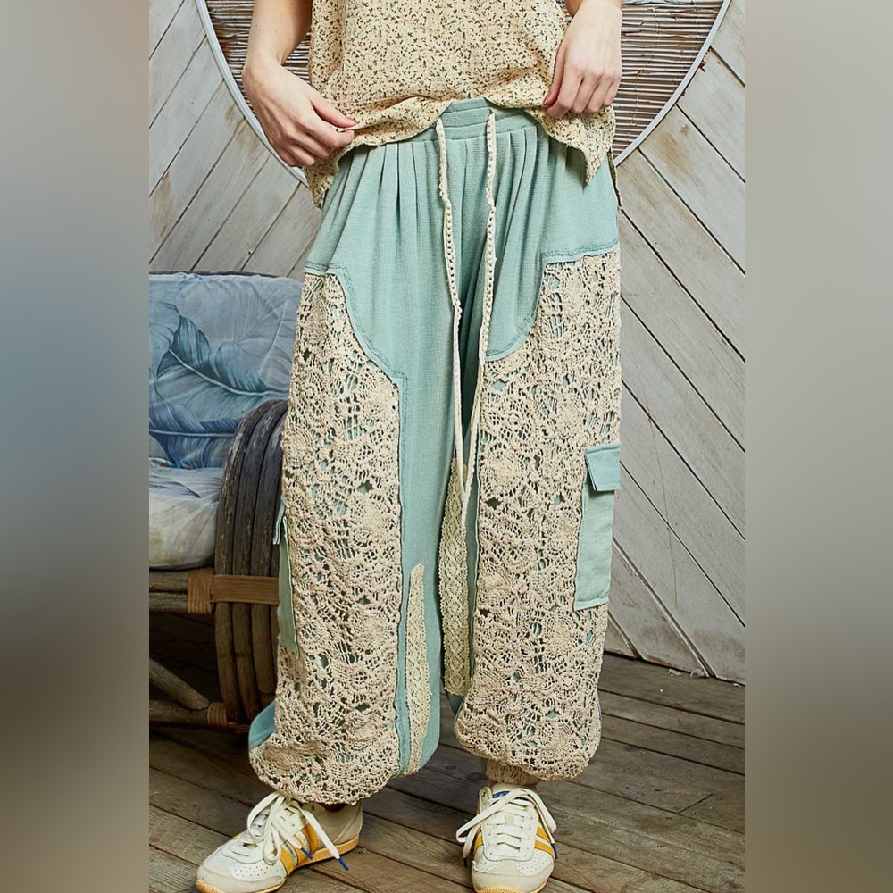 POL lace pants boho joggers teal blue green pockets drawstring - Picture 5 of 9